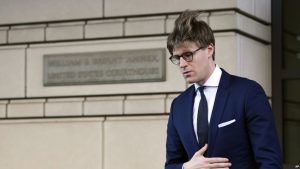 Alex van der Zwaan leaves Federal District Court in Washington, Tuesday, Feb. 20, 2018. Van der Zwaan has been accused of lying to investigators about his interactions with Rick Gates, who was indicted last year along with Paul Manafort, President Donald Trump's campaign chairman, on charges of conspiracy to launder money and acting as an unregistered foreign agent. (AP Photo/Susan Walsh)